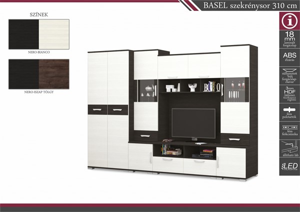 Basel nappali szekrénysor 310 cm ( 45 cm-es ruhás elem nélkül) -Led világítással (AG)