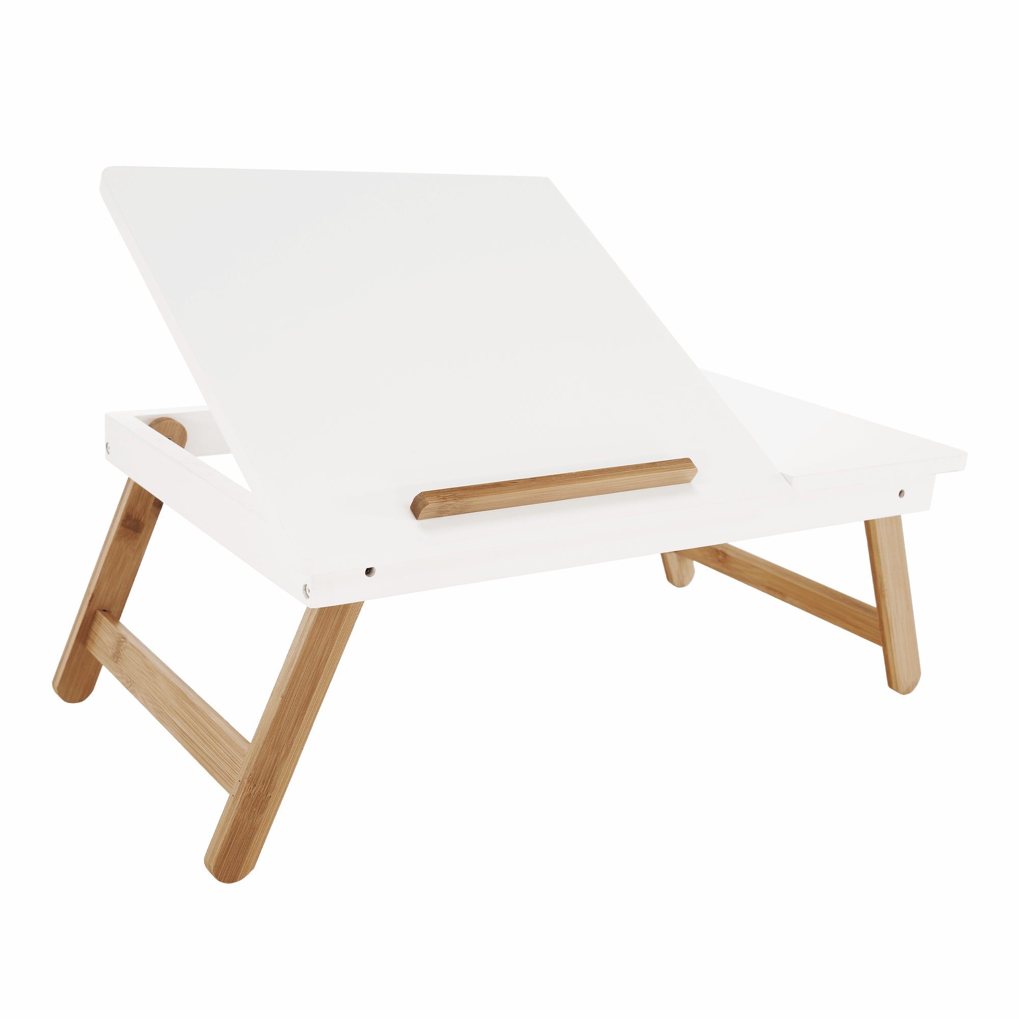 Notebook asztal/táblagép tartó, fehér/természetes bambusz, MELTEN (TK)