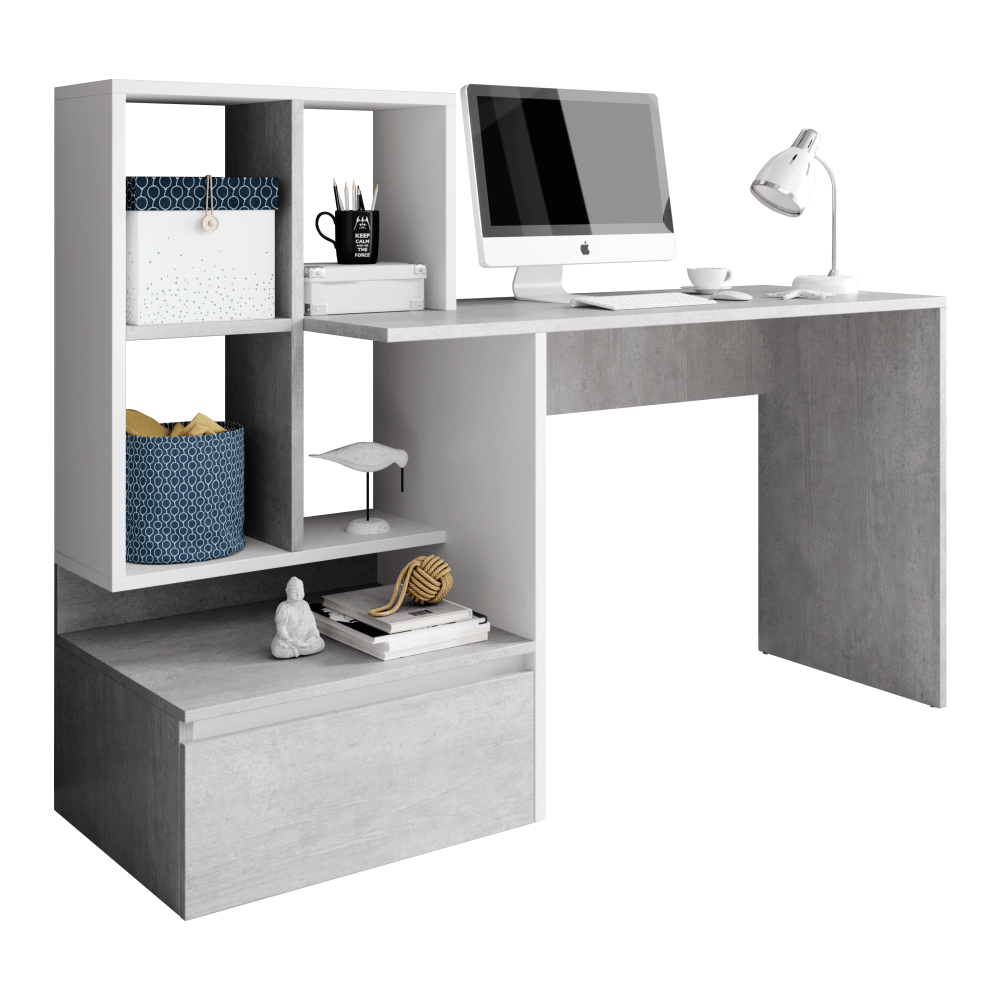 PC asztal, beton/fehér matt, NEREO (TK)