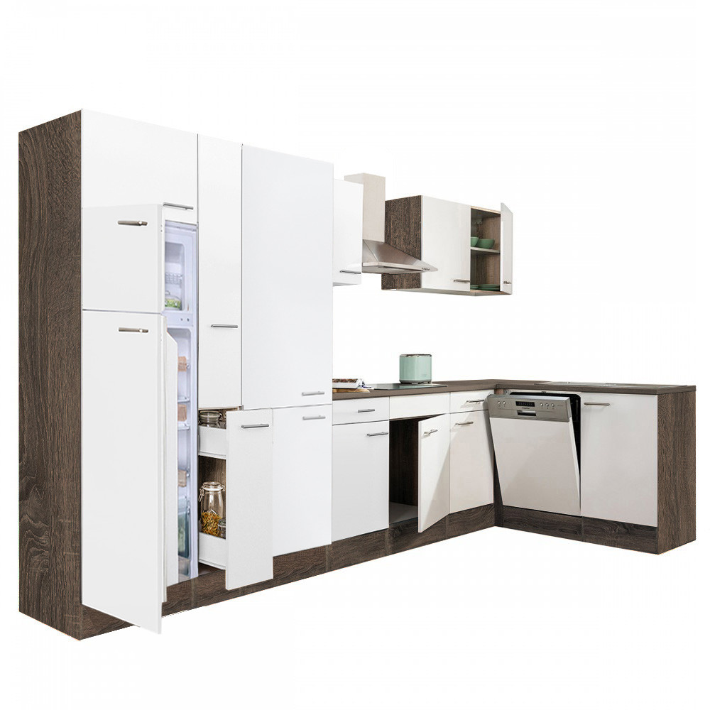 Yorki 370 sarok konyhablokk yorki tölgy korpusz,selyemfényű fehér fronttal polcos szekrénnyel és felülfagyasztós hűtős szekrénnyel (HX)